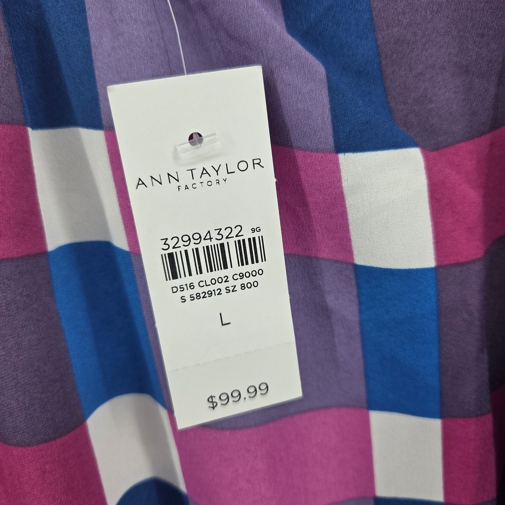 Ann Taylor Factory Dress Large Purple Plaid Flutter Sleeve Eclectic Shift - Picture 4 of 8